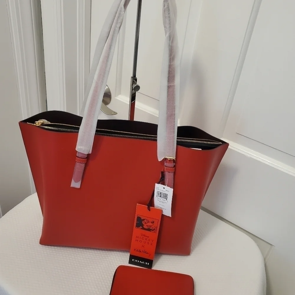 NWT Coach Disney Mickey Mouse X Keith Haring Leather Mollie Tote & Wallet Set